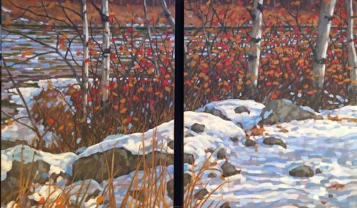 Trees Along the River, oils, 30x48, diptych, SOLD